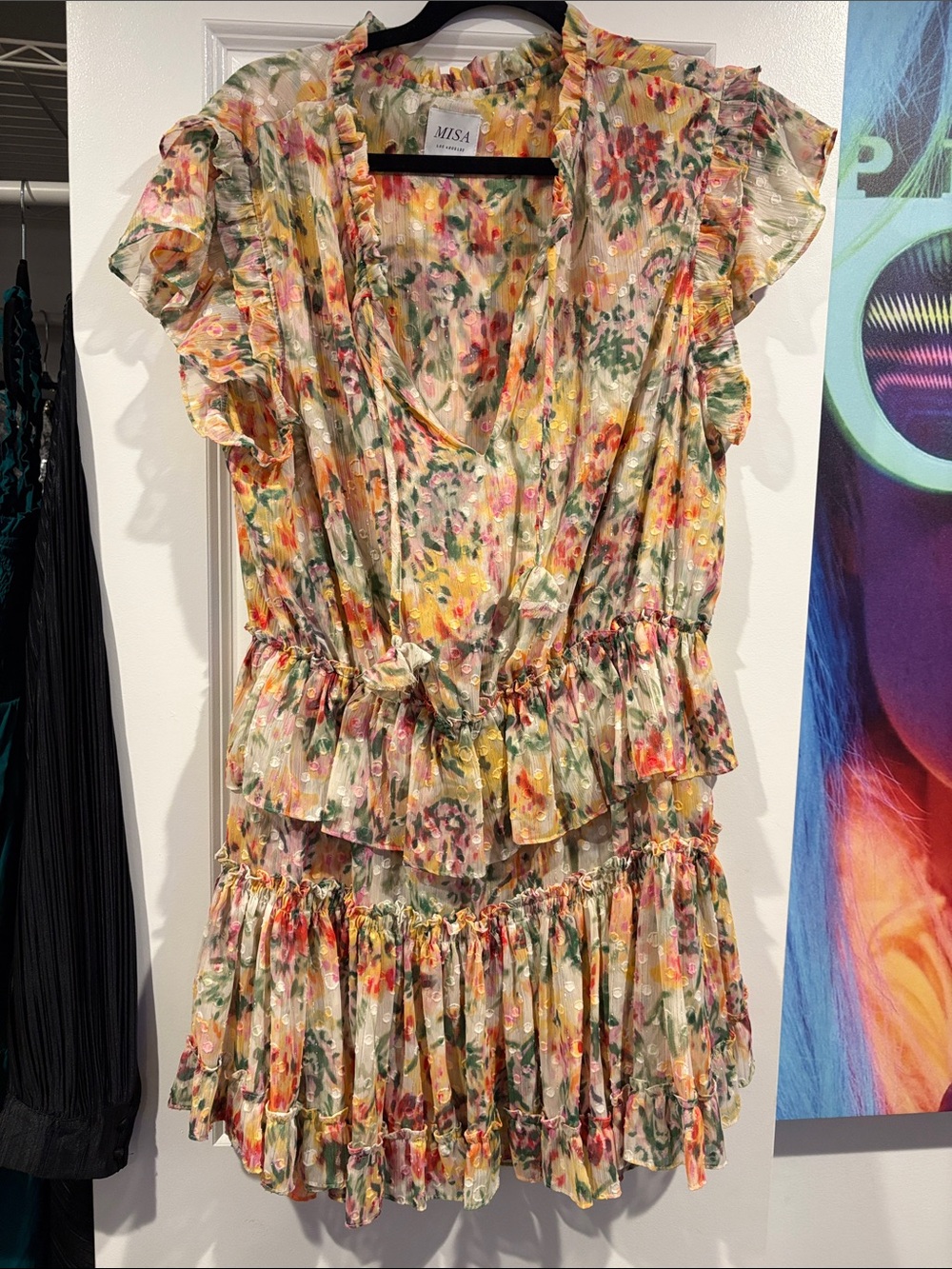 MISA Los Angeles Floral Ruffle Mini Dress in Yellow, Pink, Green